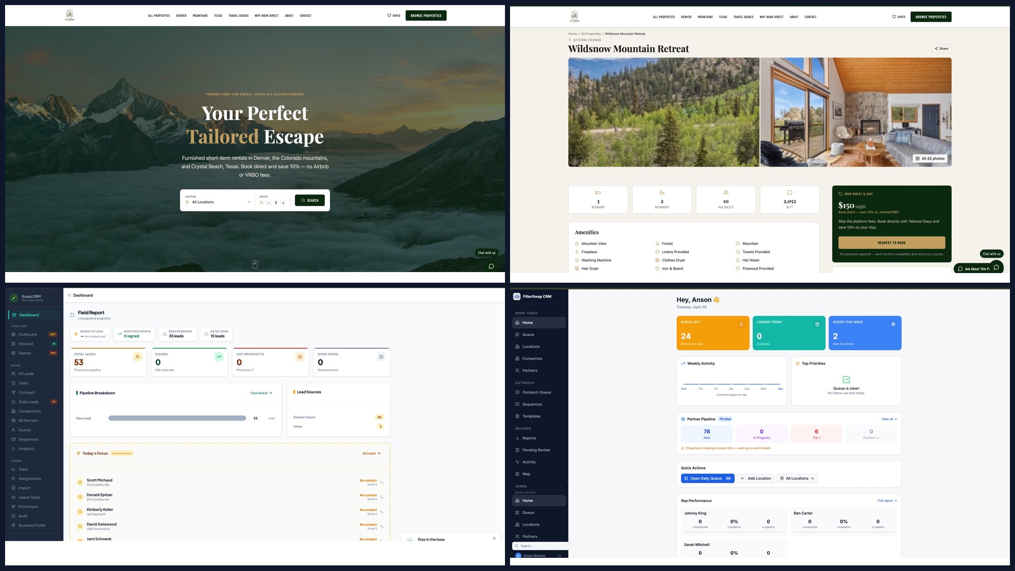 Tailored Stays direct booking dashboard — short-term rental system, Colorado